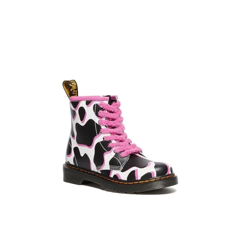 Dr. Martens 1460 Kids 4 Black White Pink Cow Print Patent Lamper Boots JOBB025